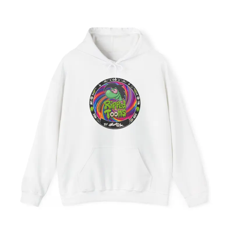 Ripped Toons Badge Pullover Hoodie in white. Marty Volpe.