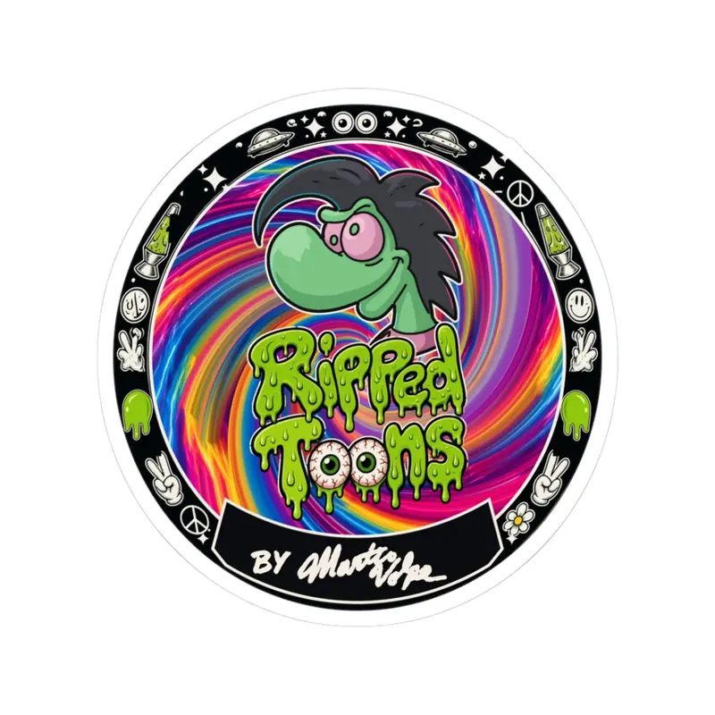 Ripped Toons Badge Sticker at 3 in. Marty Volpe.
