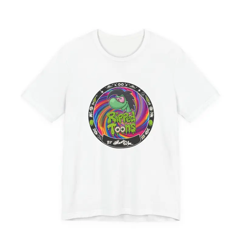 Ripped Toons Badge Tee in white. Marty Volpe.