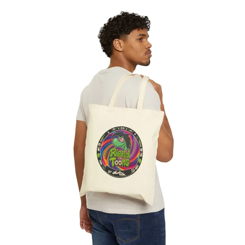 Ripped Toons Badge Tote Bag carried. Marty Volpe.